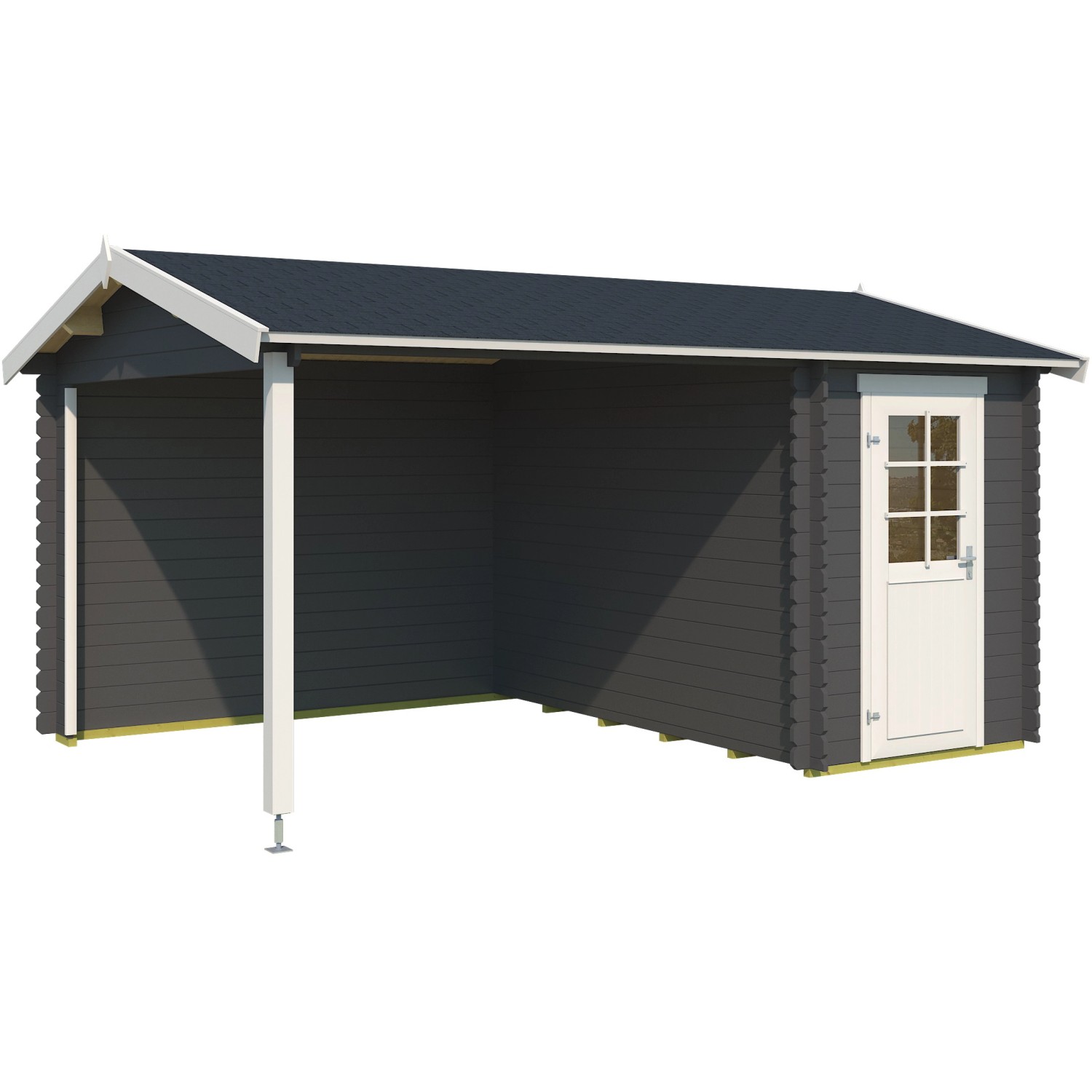 Lasita Holz-Gartenhaus Wibo, carbongraues Gartenhaus mit Anbaudach und weißer Tür.