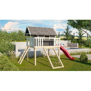 Karibu Stelzenhaus Fidel Set mit roter Rutsche und Netzrampe im Garten.