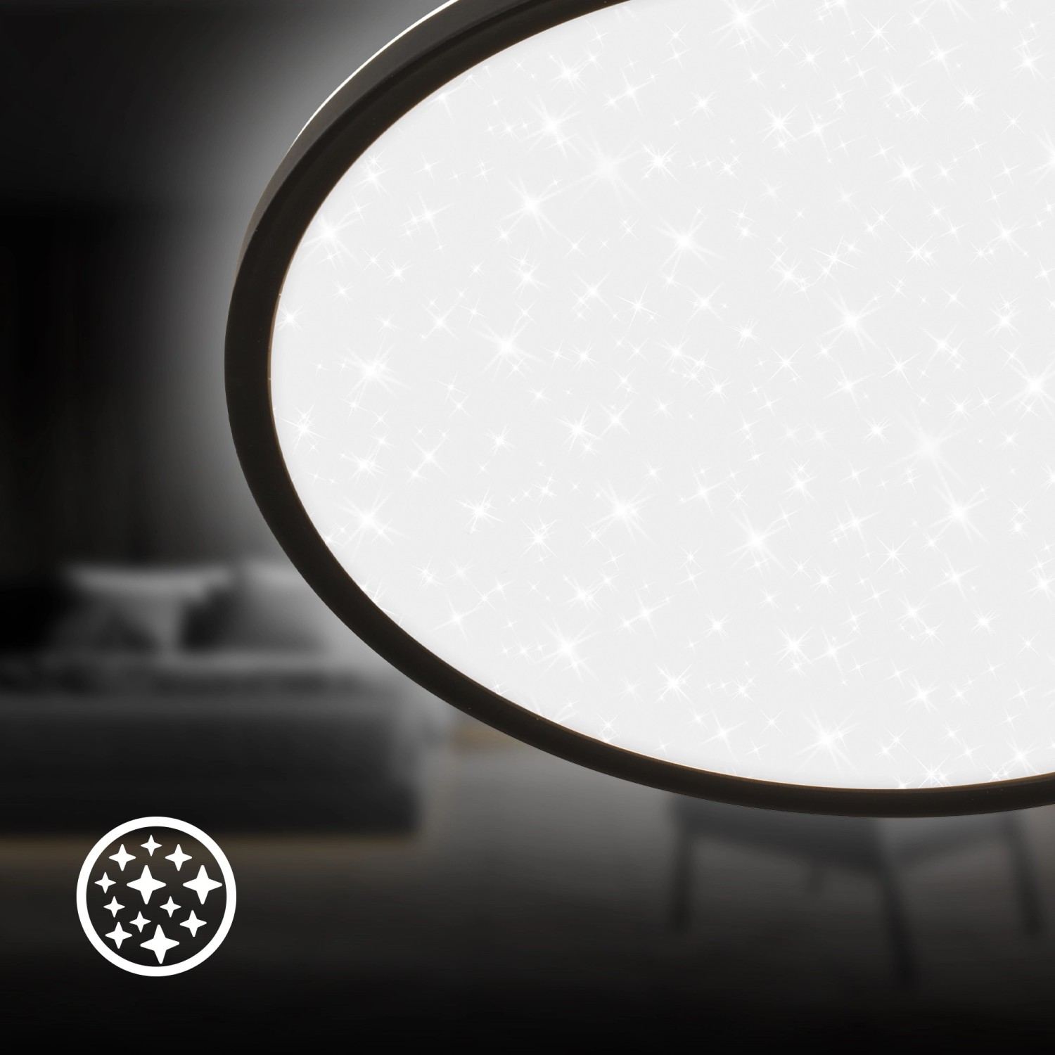 Schwarzes Brilo LED-Panel Slim Sternenhimmel, neutralweiß, Ø 37,5 cm, mit Sterneneffekt.
