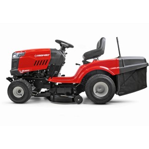 Roter Troy-Bilt Rasentraktor Bronco 92T-R mit Heckauswurf und Fangkorb.