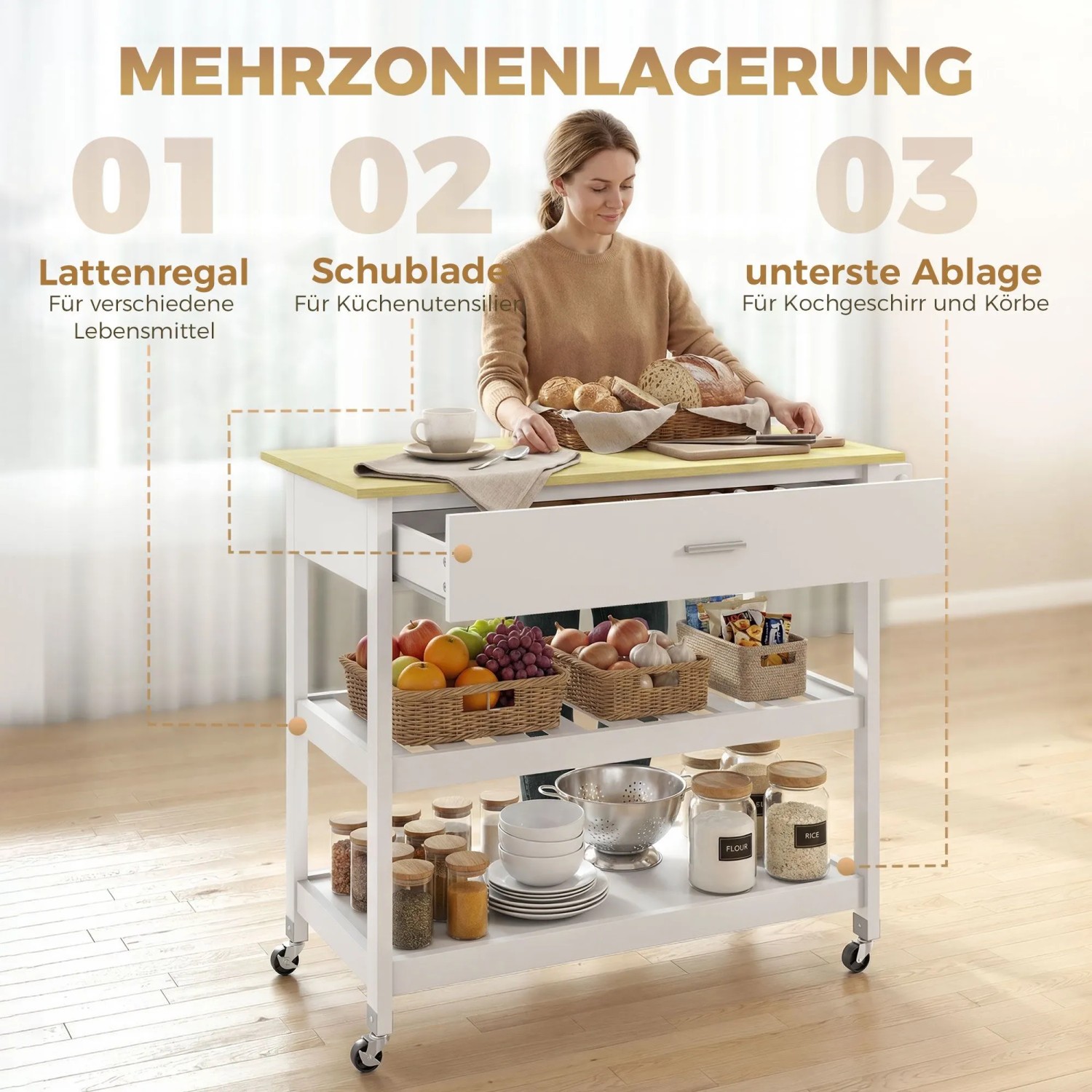 Weißer HOMCOM Küchenwagen mit gelber Arbeitsplatte, Schublade und zwei Regalen. Frau bereitet Essen zu. Mobil, viel Stauraum.