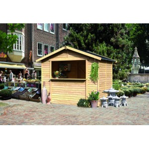 Karibu Marktstand aus Holz, 265x181cm, mit Verkaufstresen und Satteldach. Ideal als Verkaufshaus.