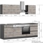 Held Möbel Küchenzeile Turin 240 cm in Graphit- und Wotaneiche-Optik mit E-Geräten und Maßangaben.