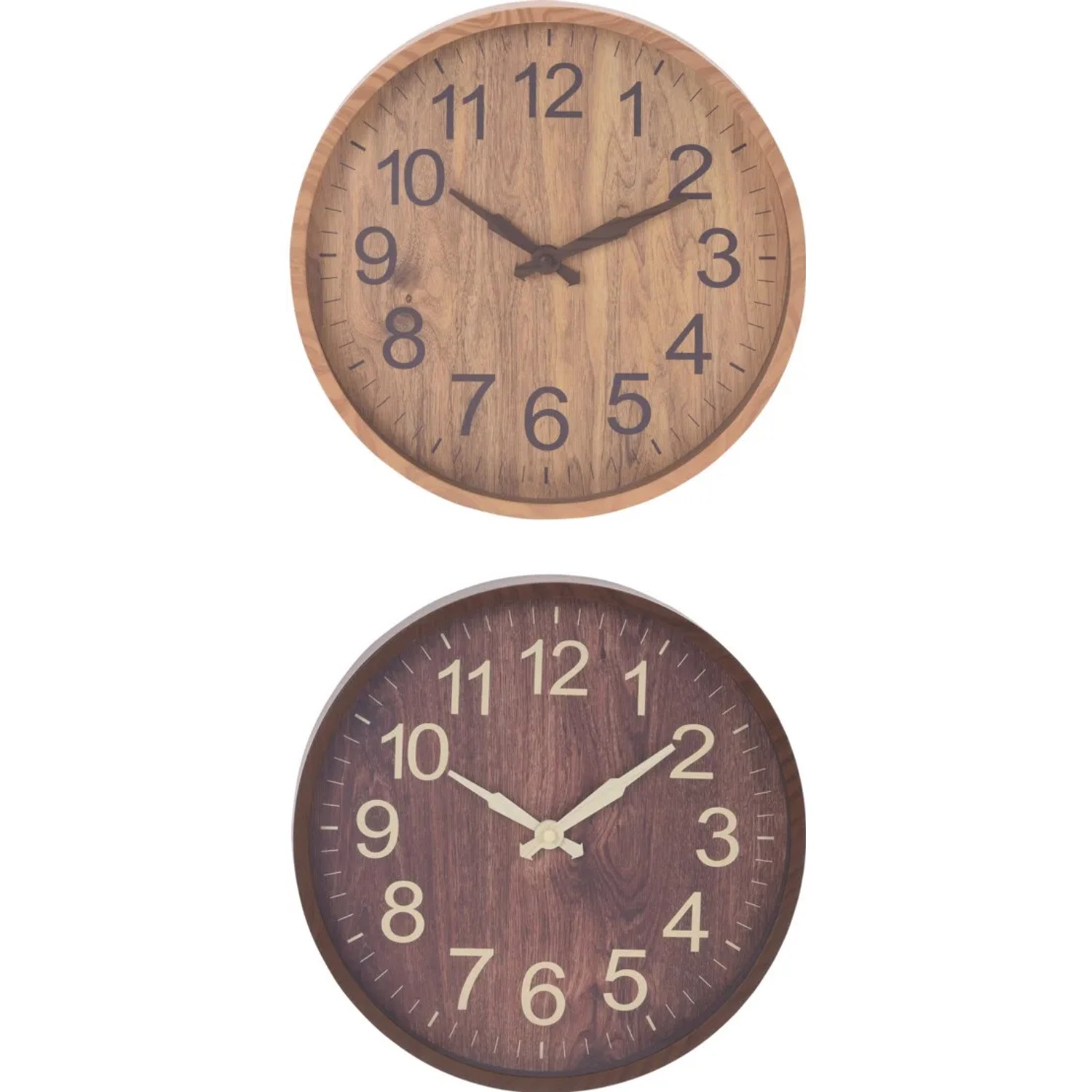 Wanduhr in Holzoptik, Ø 34 cm, mit zwei Farbvarianten (Braun und Dunkelbraun).