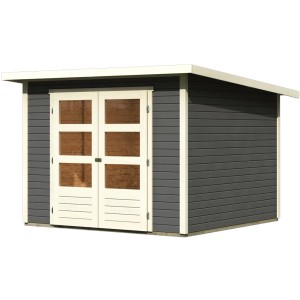 Terragraues Karibu Holz-Gartenhaus mit Pultdach und Doppeltür. Ideal als Gerätehaus oder Gartenlaube.