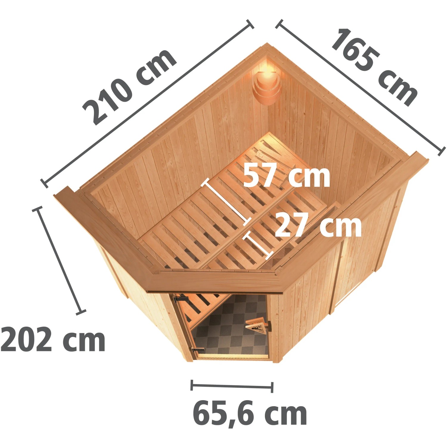 Karibu Sauna Silva mit Ofen, integrierte Steuerung und LED-Dachkranz in Natur, Maße eingezeichnet.
