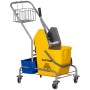 Gelber HOMCOM Reinigungswagen aus Kunststoff/Metall mit 25L Eimer, Presse, Korb und Rädern für Bodenreinigung.