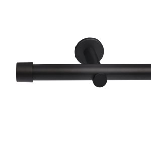 Schwarze Gardinenstange 1-Lauf Ø 25mm mit Kappe und Wandhalterung. Moderne Fensterdekoration nach Maß.