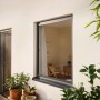 Anthrazitfarbenes tesa Fliegengitter Alu Comfort am Fenster, schützt vor Insekten.