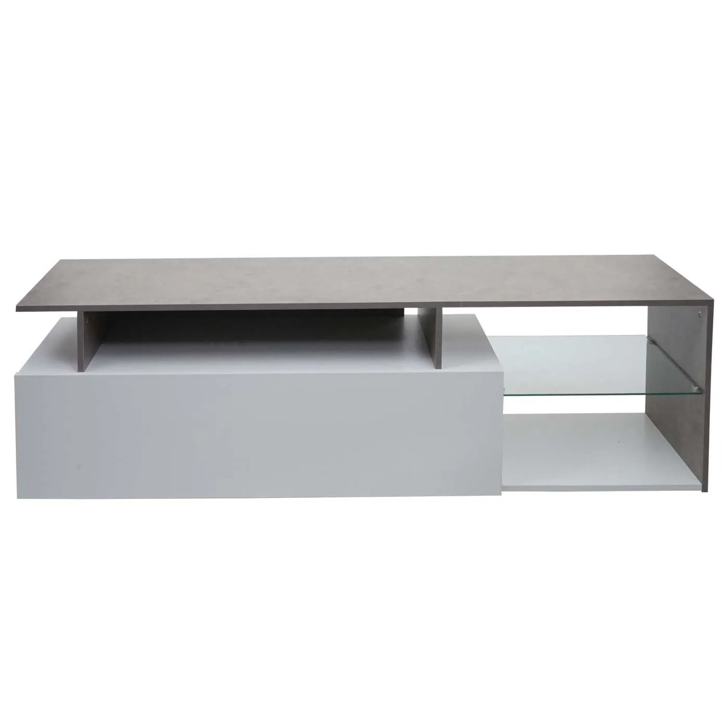Modernes TV-Lowboard in Beton-Optik und Weiß. Mit großem Staufach, offenen Ablagen und Glasboden.