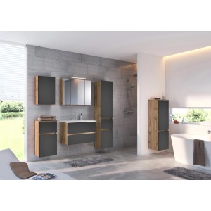 Held Möbel Waschtisch-Set Bari, 80 cm, matt Grau-Wotaneiche, mit Spiegelschrank und Mineralgussbecken.