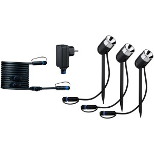 Paulmann Plug & Shine Starter-Set Pike mit 3 LED-Gartenstrahlern, Trafo und Kabel für Außenbeleuchtung.