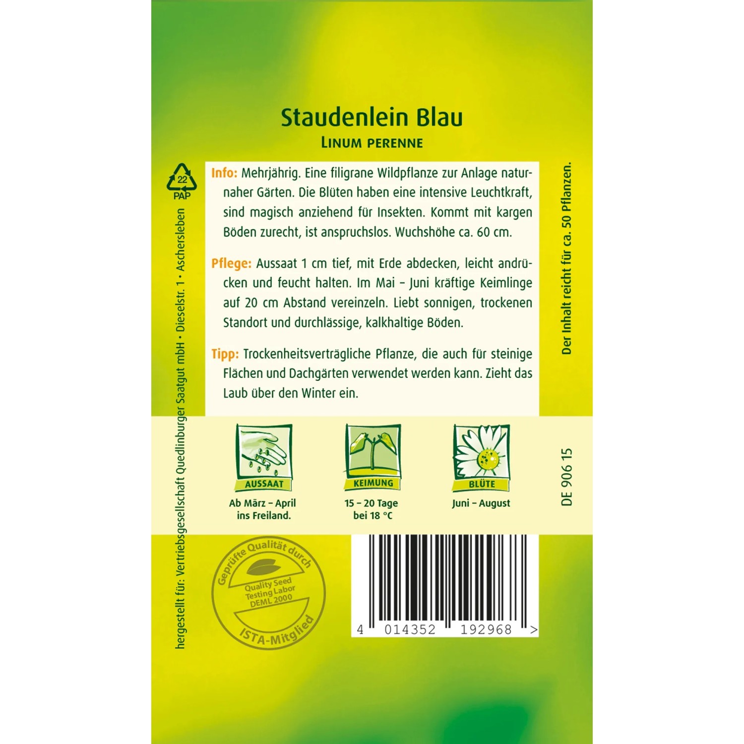 Packung Stauden-Lein Blau Samen von Quedlinburger, mehrjährige Wildpflanze für naturnahe Gärten.