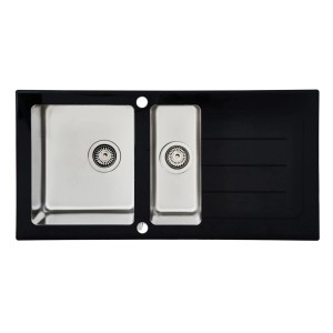 Respekta Glasspüle New York, 100x50 cm, Schwarz, mit zwei Becken und Abtropffläche.