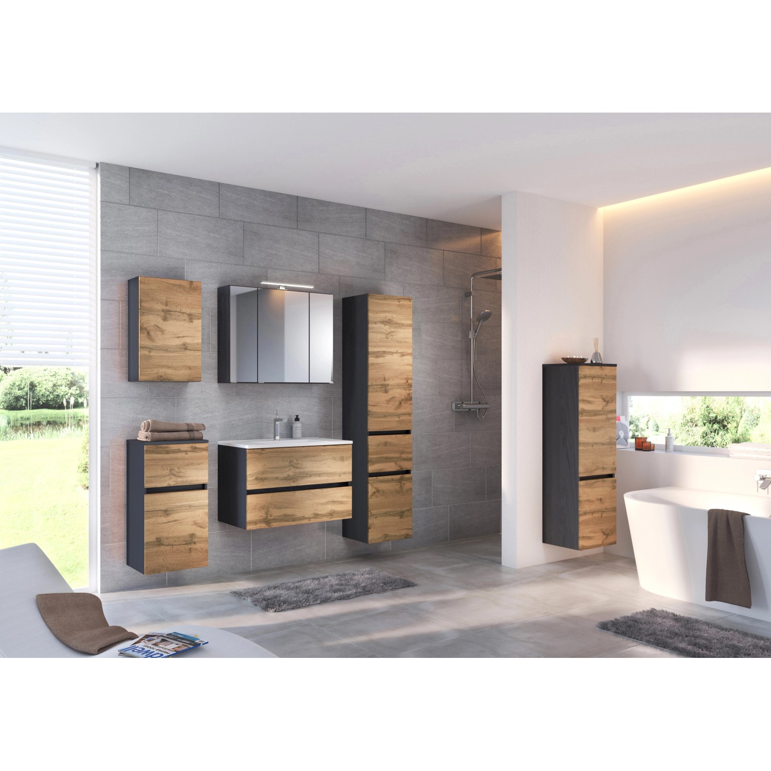 Badezimmer-Set mit Held Möbel Hochschrank Bari in Wotaneiche und Graphitgrau, 40 cm breit.