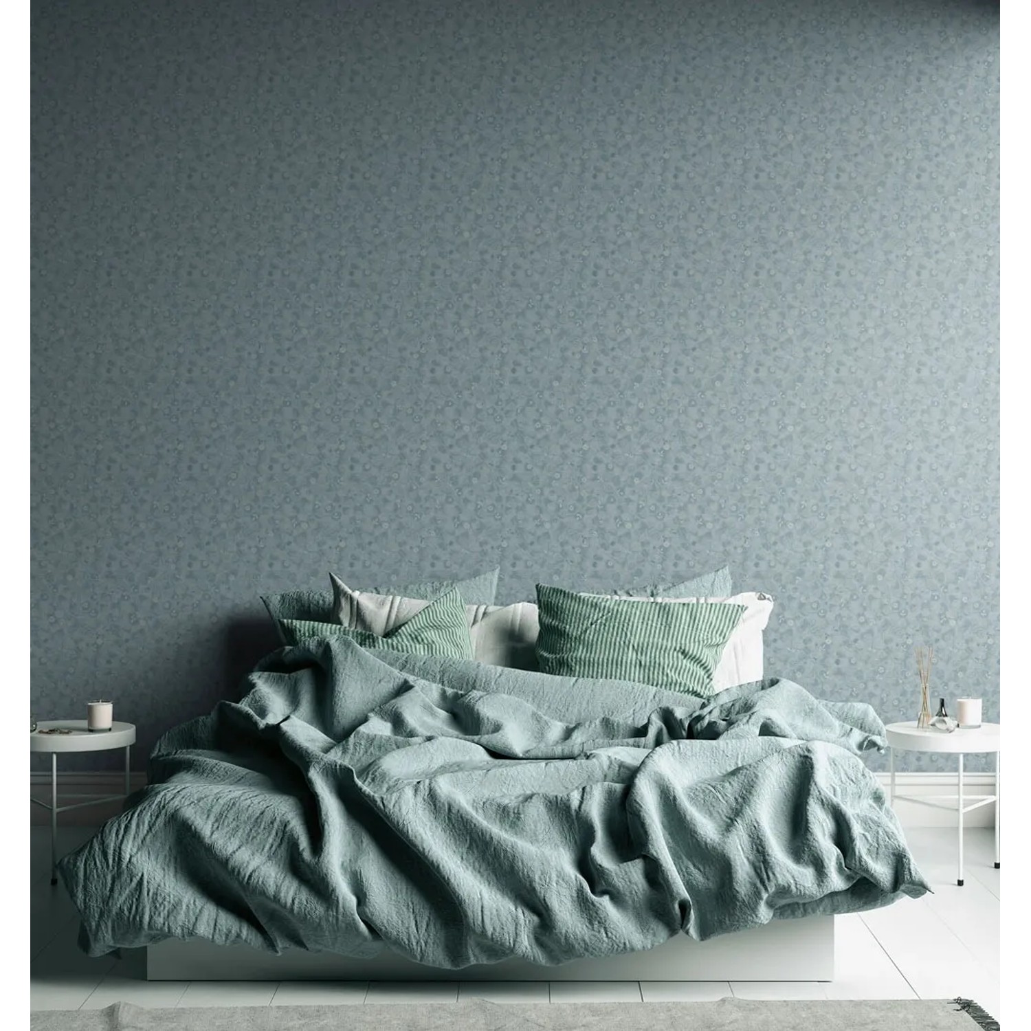 AS-Creation Vliestapete mit blau-weißem Blätter-Design im Schlafzimmer.