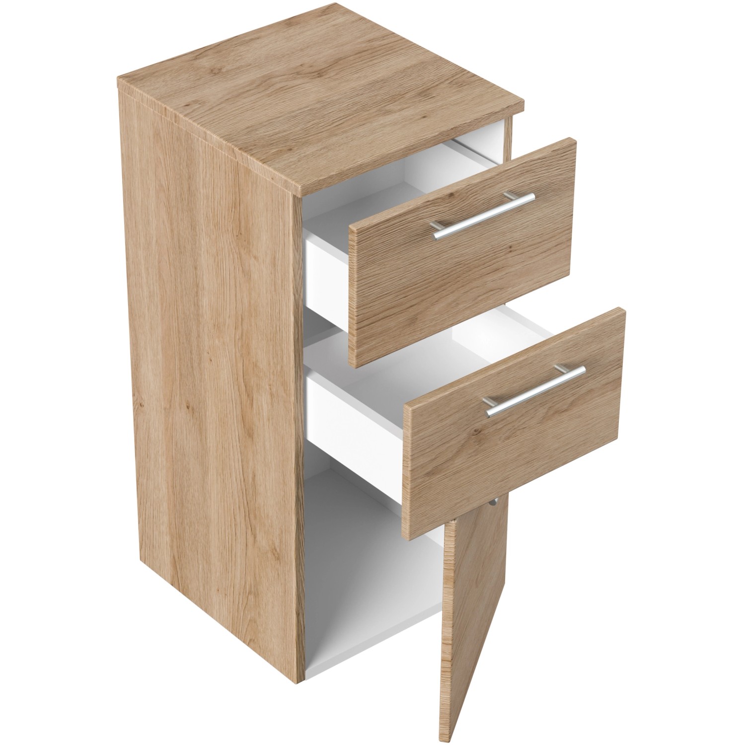 Posseik Bad-Hängeschrank Rima, Eiche hell, 40 cm breit, mit zwei Schubladen und einer Tür.