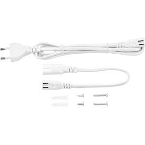 Zubehör für LED-Unterbauleuchte: Kabel, Verbindungskabel, Dübel und Schrauben.