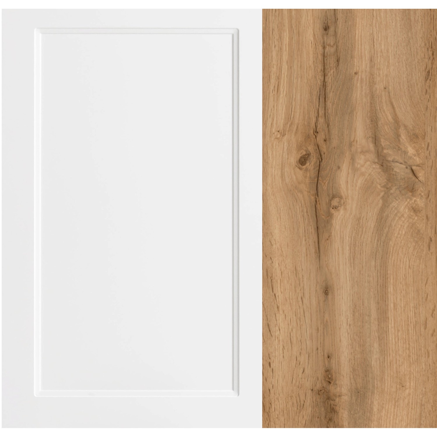 Held Küchenzeile Kempten: Front in Weiß, Arbeitsplatte in Wotan Eiche Optik.