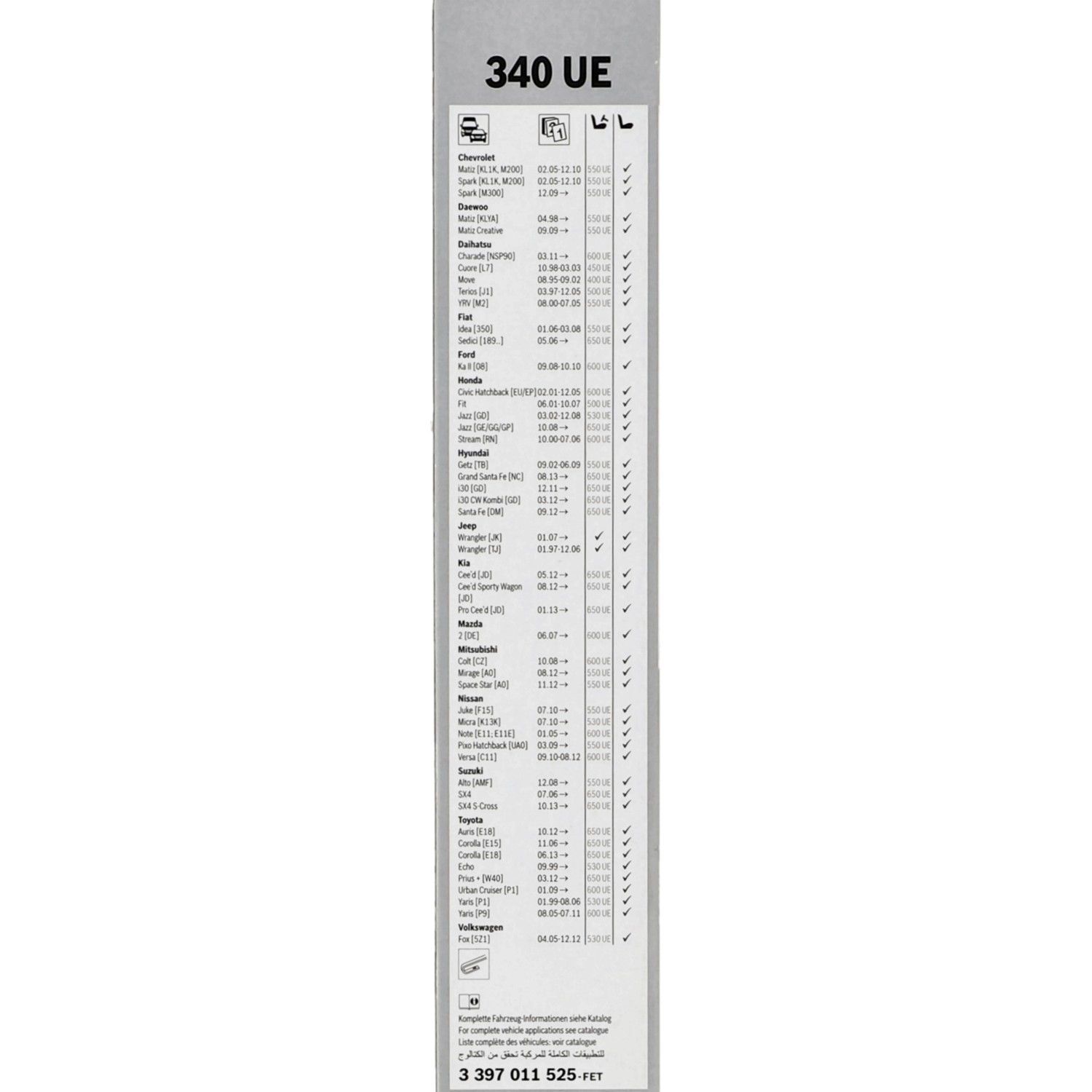 Verpackung Bosch ClassicWiper 340UE Wischblatt mit Fahrzeugliste für Montage, Autoreparatur.