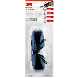 3M SecureFit 400 Schutzbrille mit getönten Gläsern und grünen Bügeln in Verpackung.