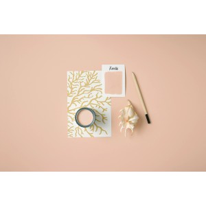 Rust-Oleum Kreidefarbe Koralle, matte Möbel-Farbe im geöffneten Farbtopf mit Farbkarte und Pinsel.