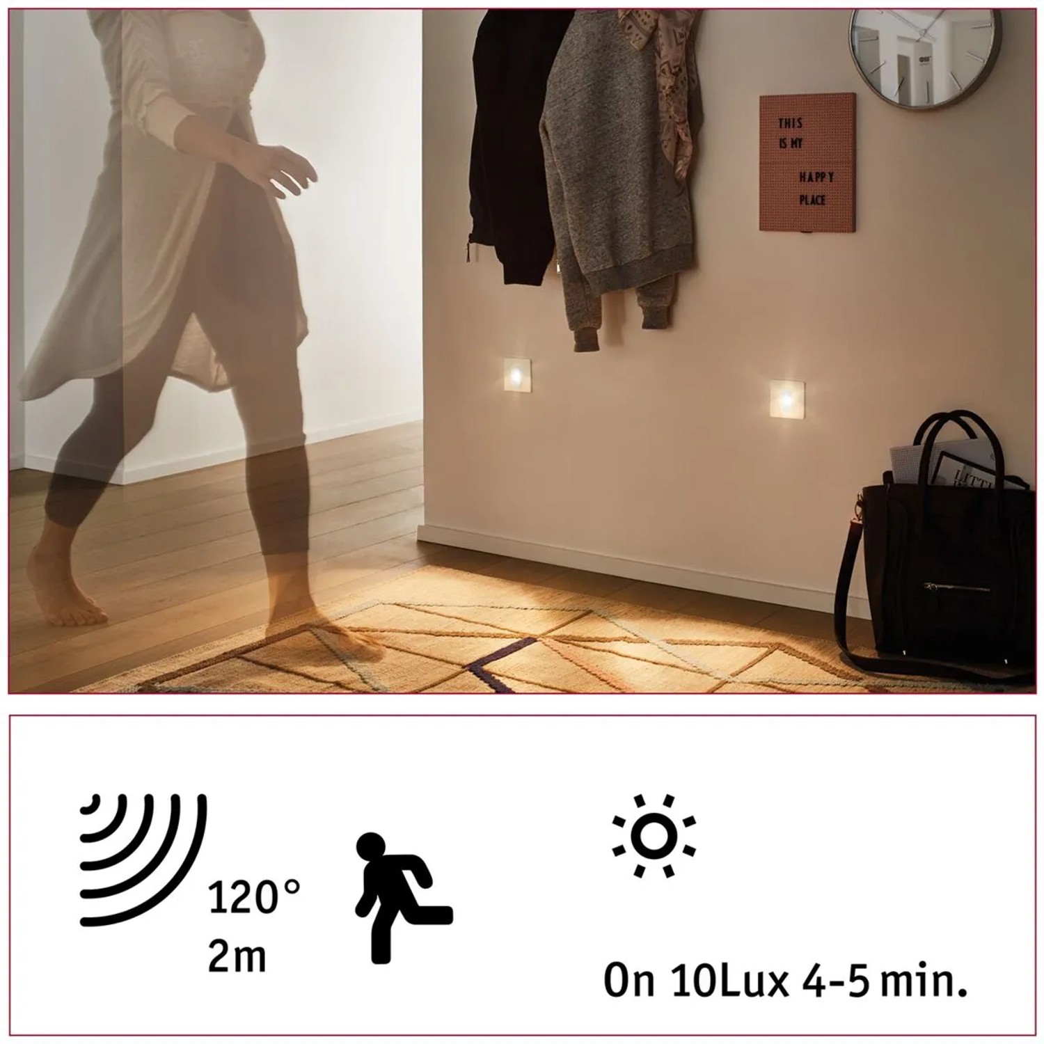 Paulmann Wandeinbauleuchte EBL Set mit Bewegungssensor, weiße, eckige LED-Einbaustrahler im Flur.