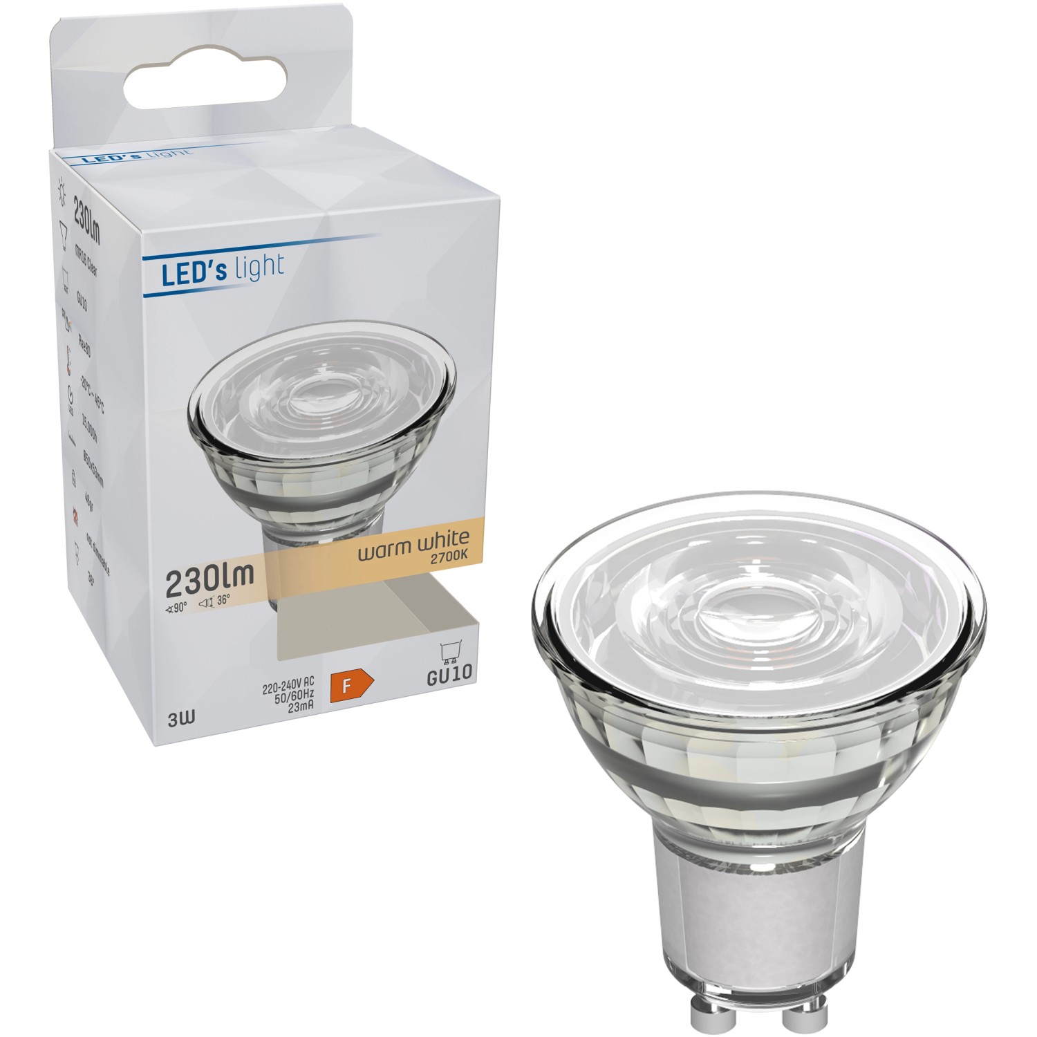 GU10 LED Spot MR16 3W, warmweiß, neben Produktverpackung.