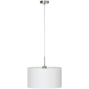 Weiße Eglo Hängeleuchte Pasteri mit Stoffschirm und Nickel-matt Details, Ø 38cm.
