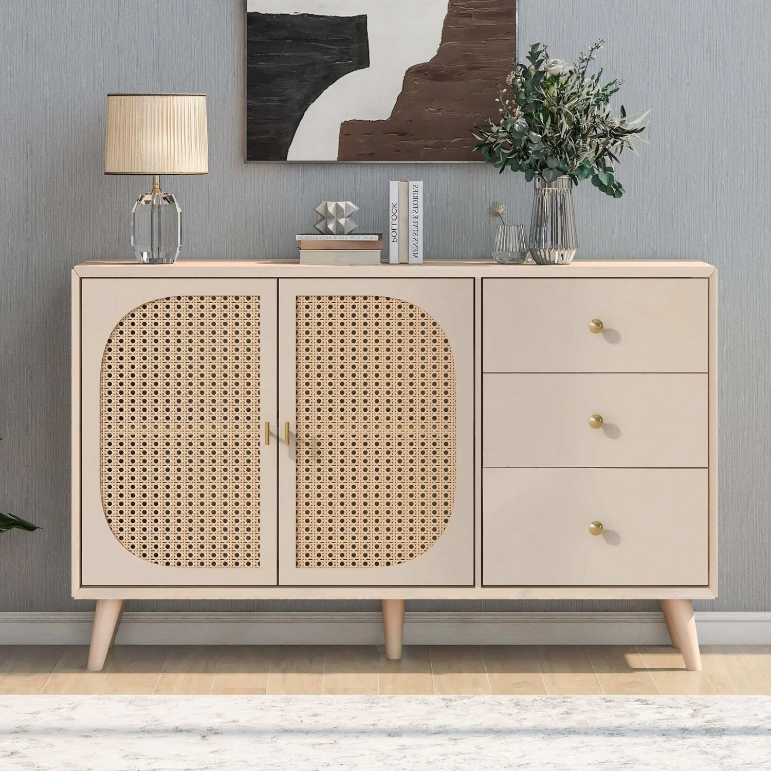 okwish Sideboard mit Türen Schubladen Wohnzimmer 120x40x80cm Beige_3