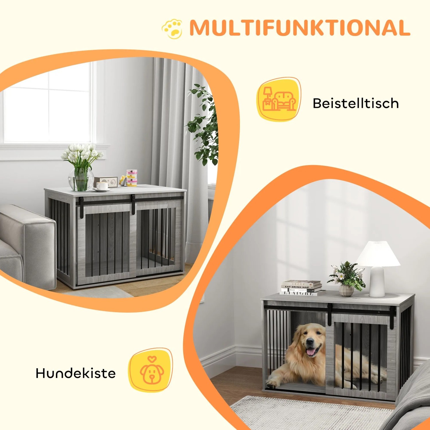 Grauer PawHut Hundekäfig aus Holz und Stahl, als Beistelltisch nutzbar. Geräumiger Hundezwinger mit Schiebetür.