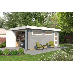 Helle, graue Einzelgarage aus Holz mit Holztor und Fenstern, Teil der Kategorie Fertiggaragen.