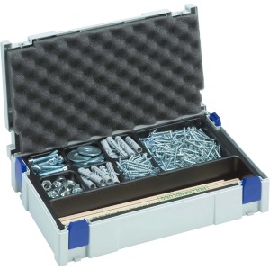 Offener Mini-Systainer® Werkzeugkoffer von LUX-TOOLS mit Schrauben, Dübeln und Kleinteilen.