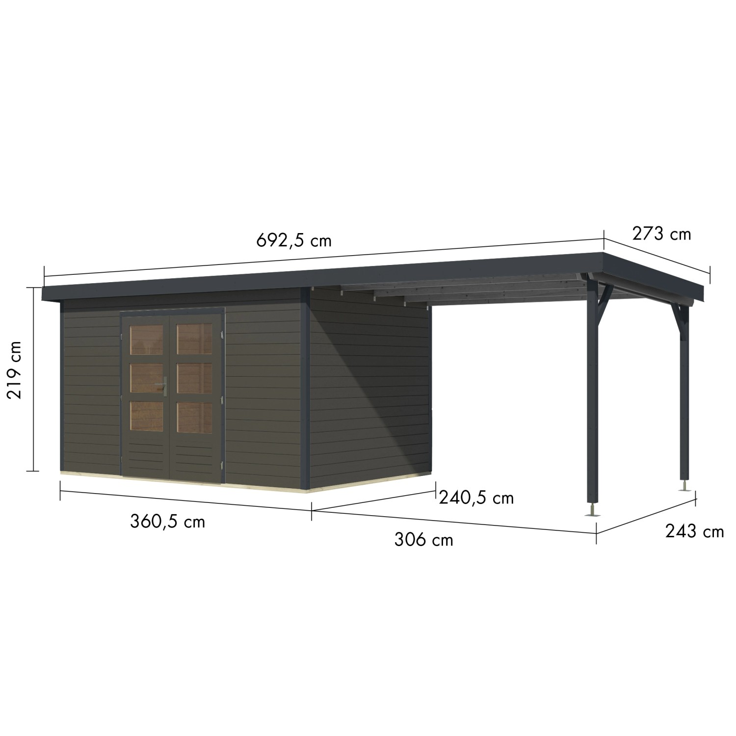 Karibu Gartenhaus Domingo 7 B mit Anbaudach in Terragrau/Anthrazit, Maße: 219x360x240 cm.