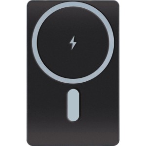 Schwarze Schwaiger Powerbank LPBC0500 mit 5.000 mAh für kabelloses Laden.