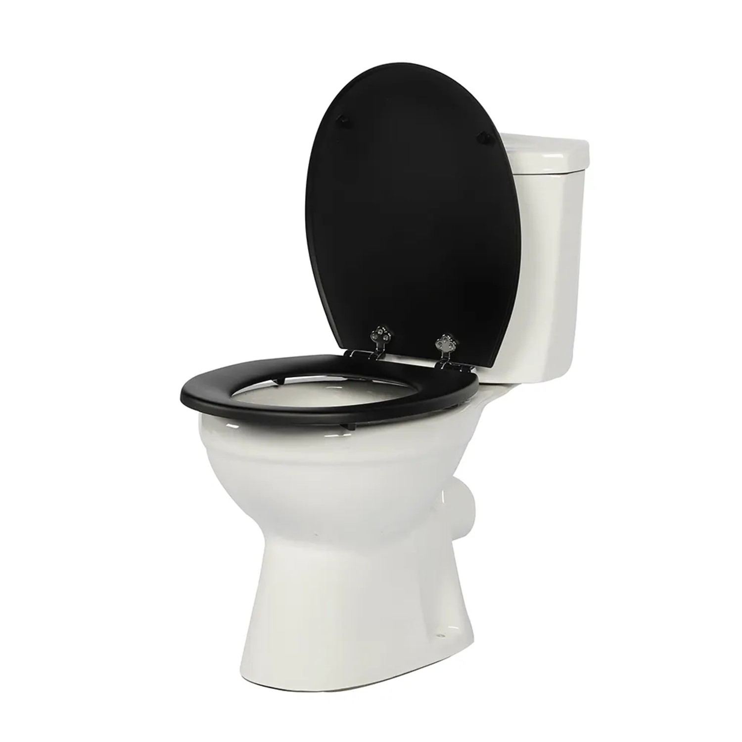 Schwarzer Sinobath WC-Sitz aus lackiertem MDF mit Absenkautomatik auf weißer Toilette.