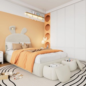 okwish Polsterbett 90x200cm mit Lichtstreifen Hocker Kinderzimmer Beige ohne Matratze