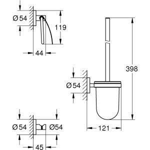 Technische Zeichnung: Grohe WC-Set 3 in 1 Essentials Supersteel, WC-Bürsten-Garnitur mit Maßen.