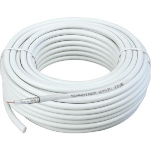 Aufgerolltes, weißes Schwaiger Koaxialkabel, 50 m lang, mit sichtbarem Kabelquerschnitt.