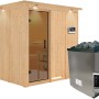 Karibu Sauna Rikka mit Ofen und LED-Dachkranz in Graphit Natur. Massivholzsauna mit Glastür und externer Steuerung.