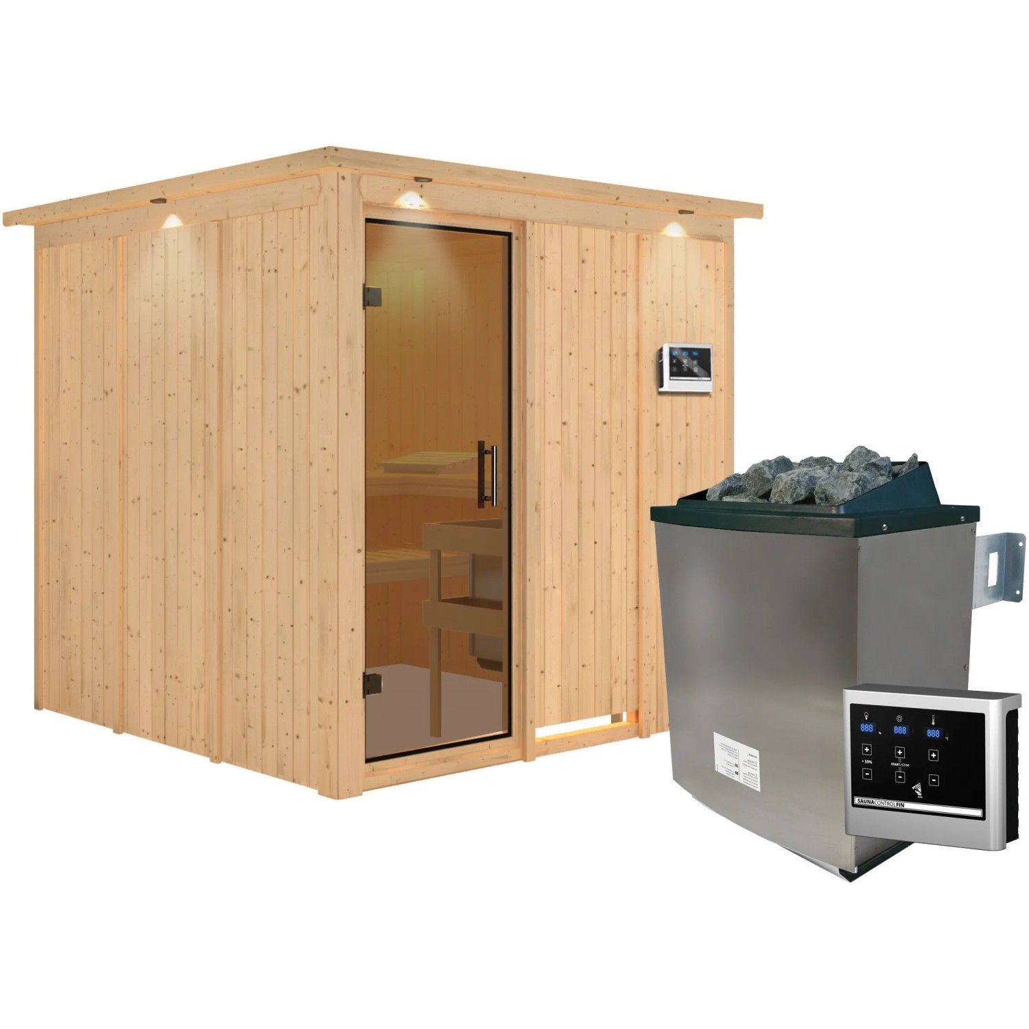 Karibu Sauna Rikka mit Ofen und LED-Dachkranz in Graphit Natur. Massivholzsauna mit Glastür und externer Steuerung.
