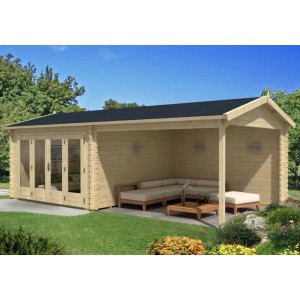 Alpholz Gartenhaus Freiburg-44 aus Holz mit überdachter Terrasse und Falttür.