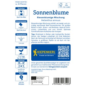 Kiepenkerl Sonnenblumen Riesenblume Mischung, mehrfarbig. Blumensamen für farbenfrohe, hohe Sonnenblumen.