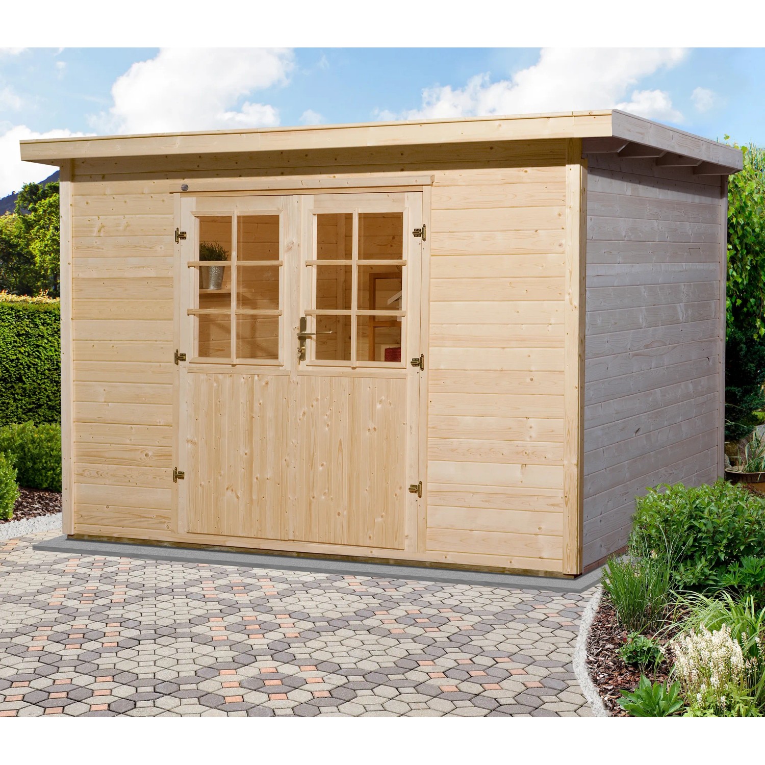 Weka Gartenhaus Taro C Natur mit Doppeltür und Massivholzboden, unbehandeltes Fichtenholz.