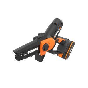 Worx Akku-Astsäge WG326E.2, schwarz-orange, mit 12 cm Schnittbreite und Akku. Kompakte Einhand-Kettensäge für Baumpflege.