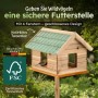 Moorland Vogelhaus aus Holz mit grünem Dach und zwei Vögeln.