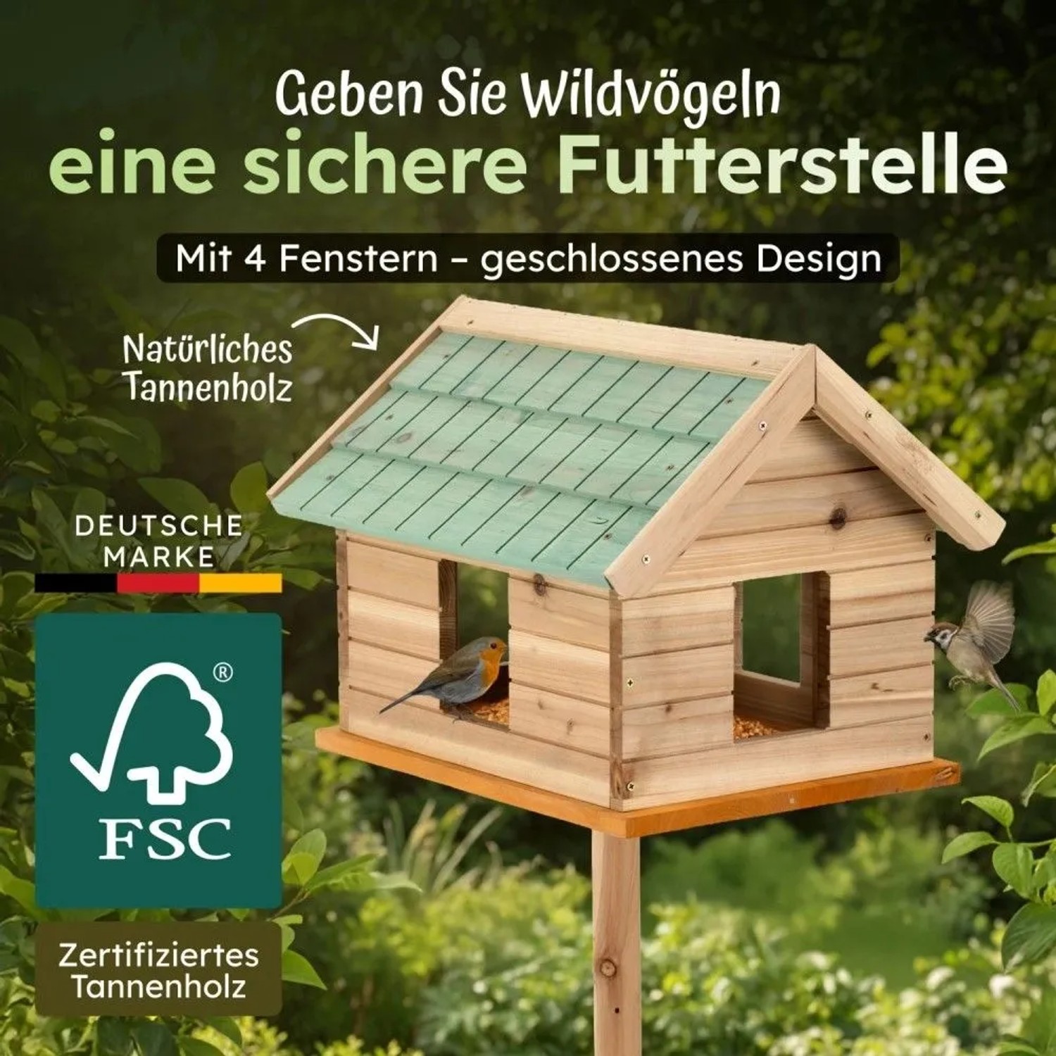 Moorland Vogelhaus aus Holz mit grünem Dach und zwei Vögeln.