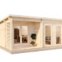 Unbehandeltes Alpholz Gartenhaus Orkus-44 mit Pultdach und Anbaudach. Holz-Gartenhaus im klassischen Design.