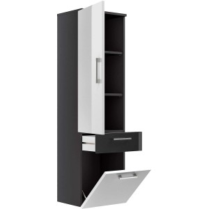 Posseik Bad-Hochschrank Rima, anthrazit und weiß, mit offenen und geschlossenen Fächern.