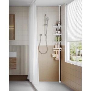 Weißes, höhenverstellbares Songmics Duschregal Parson mit 4 Ablagen und 3 Haken im Badezimmer.